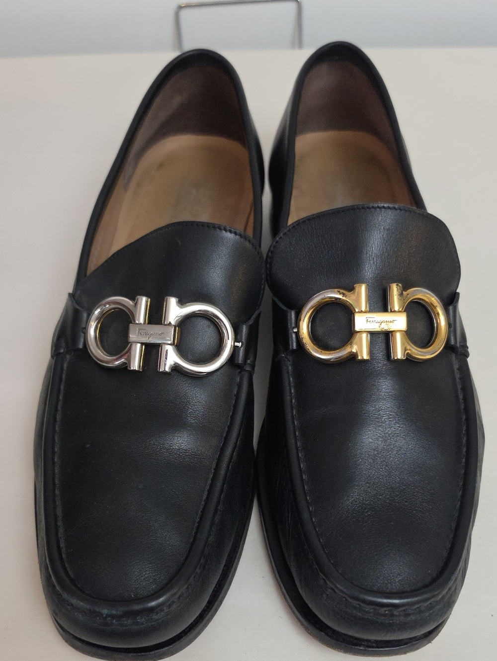 Salvatore Ferragamo Black Leather Loafers with Mixed Metal Gancini Sz 11